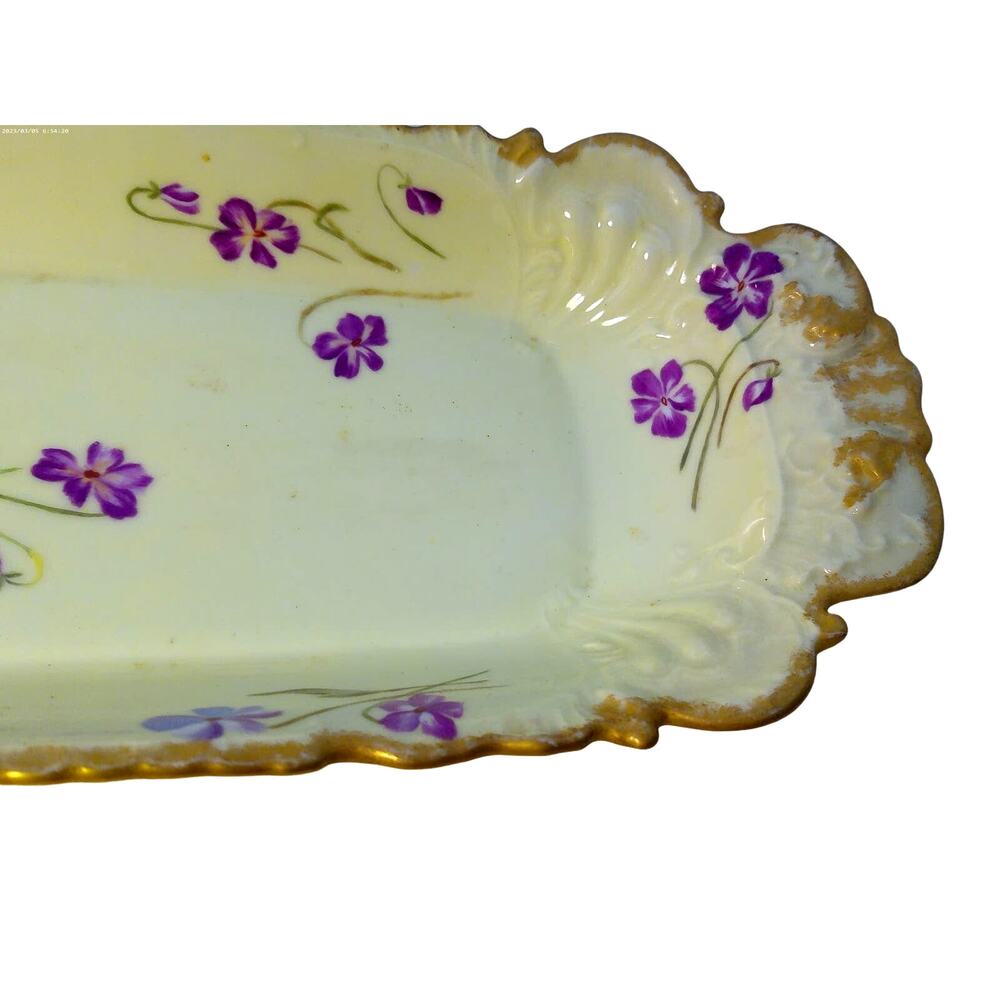Antique T&V Limoges France Hand Painted Floral Tray Violets Scalloped Gold Rim - Picture 4 of 7